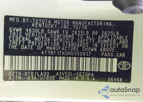 2017 Toyota Camry Xle from USA, damaged, VIN 4T1BF1FK0HU350637